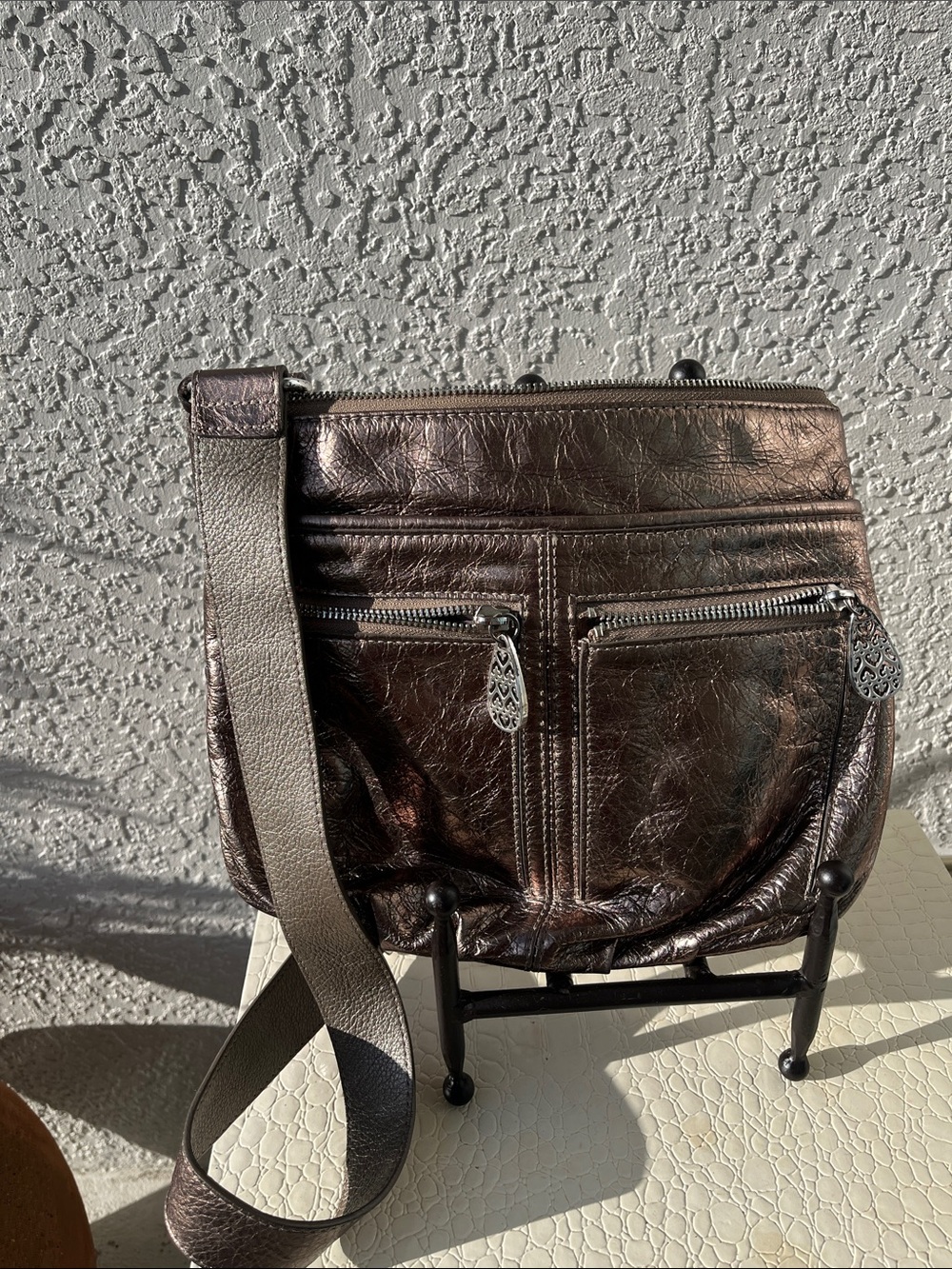Brighton  EUC  Zoe Metallic bronze crinkled genuine leather Crossbody  purse/bag